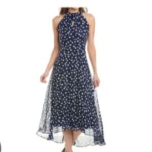 Tahari NEW Navy Blue & White Polka Dot Hi-Lo Midi Dress Size 14